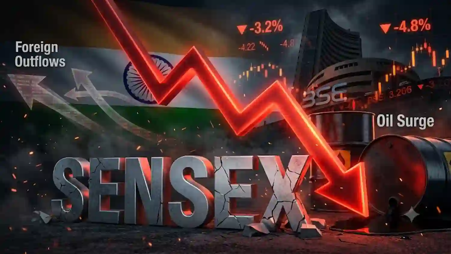 Oil Surge and Foreign Outflows Hit Indian Markets as Sensex Falls to 32-Month Low